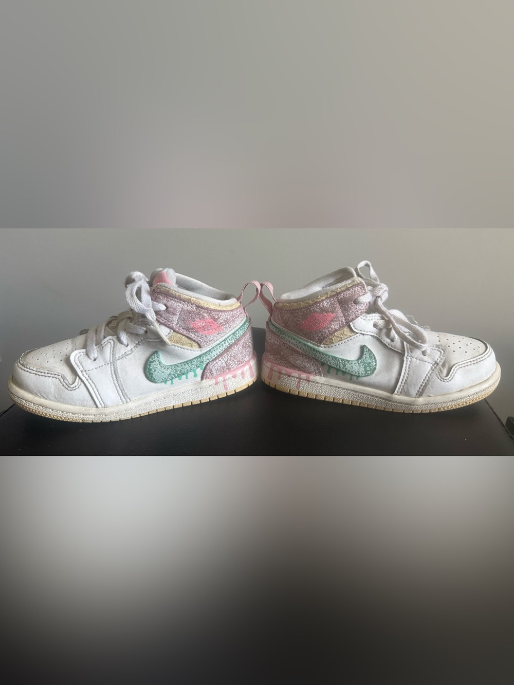 Jordan Mid Paint Drip kids White Sneakers with Mint and Pink Accents